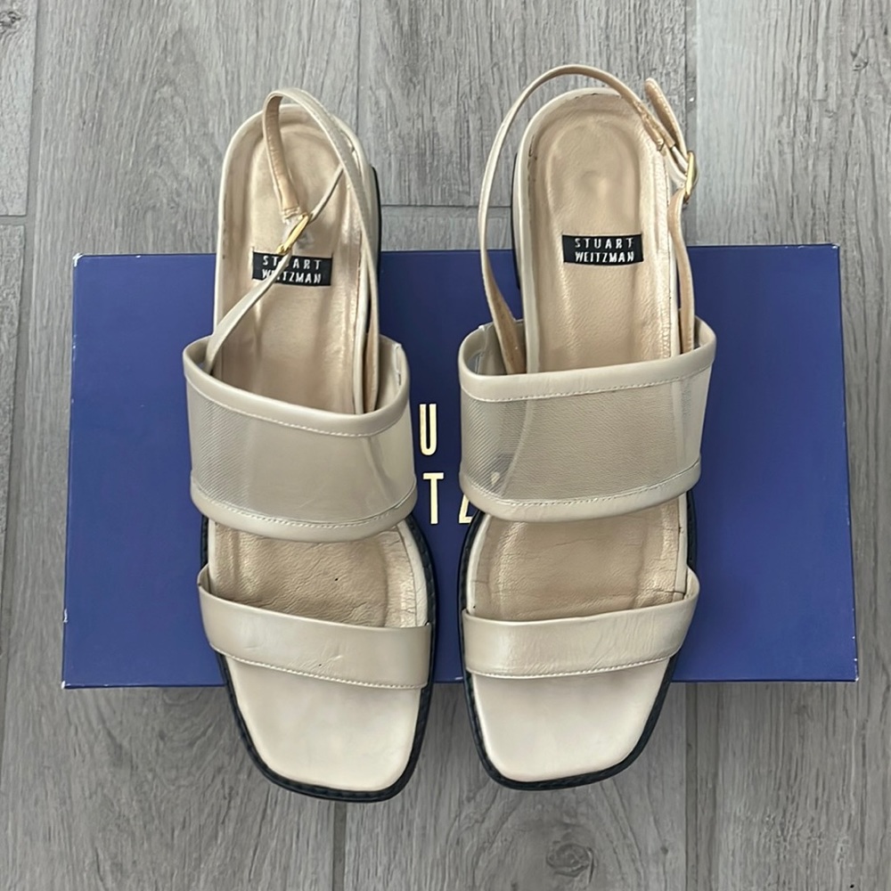 Stuart Weitzman Michele Beige mordore heel sandal.